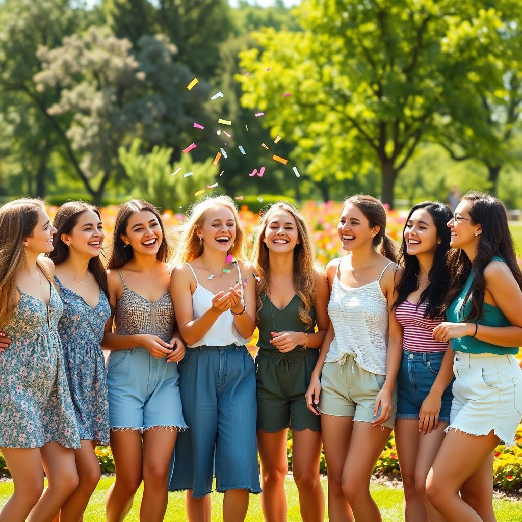 A vibrant and playful photo featuring eight young women in a sunny outdoor setting