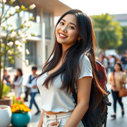 A beautiful Chinese female university student with very large, rounded breasts, displaying a playful and flirtatious demeanor