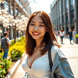 A beautiful Chinese female university student with very large, rounded breasts, radiating a playful and flirtatious vibe