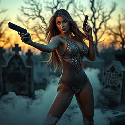 A mysterious and vengeful erotic dancer, with an ethereal glow, is posed gracefully in a graveyard at twilight