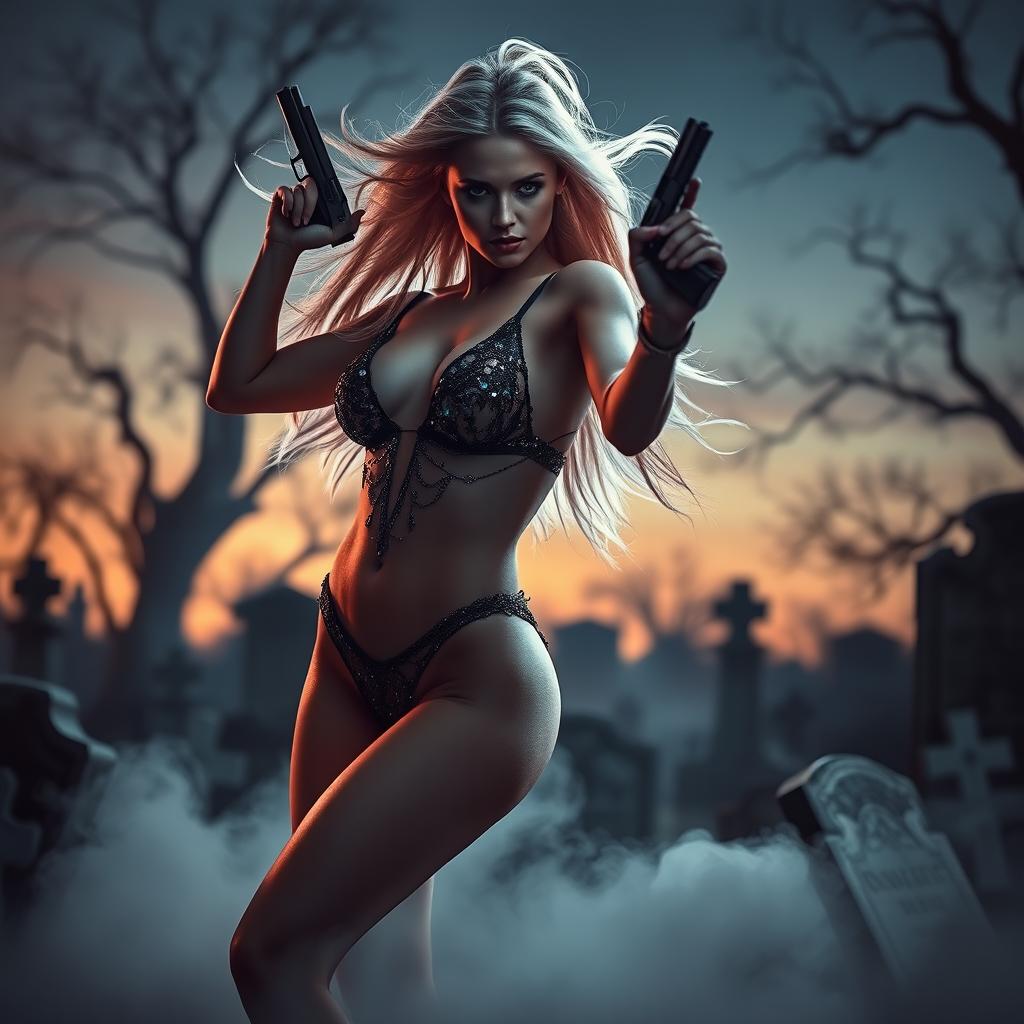 A mysterious and vengeful erotic dancer, with an ethereal glow, is posed gracefully in a graveyard at twilight