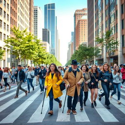 A bustling city street scene during the day, featuring a diverse group of people crossing a wide pedestrian crosswalk