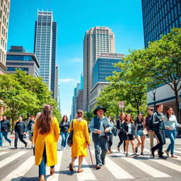 A bustling city street scene during the day, featuring a diverse group of people crossing a wide pedestrian crosswalk