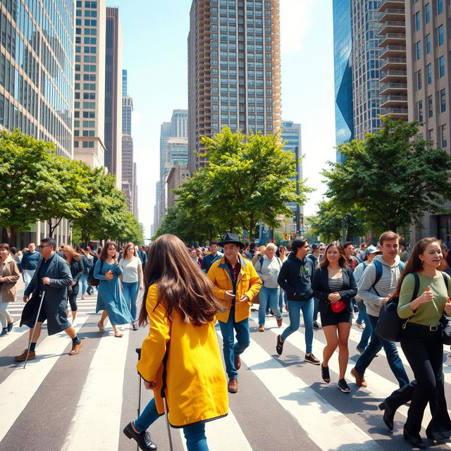 A bustling city street scene during the day, featuring a diverse group of people crossing a wide pedestrian crosswalk