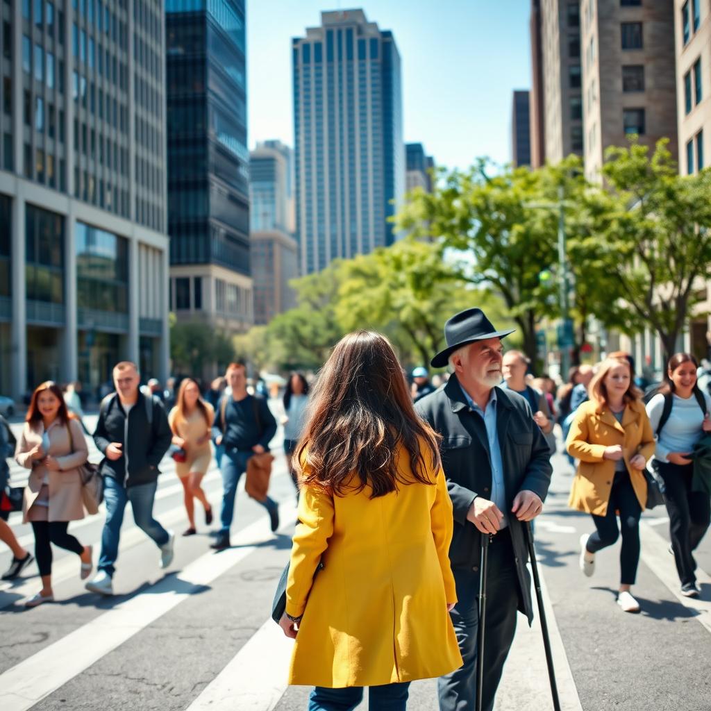 A bustling city street scene during the day, featuring a diverse group of people crossing a wide pedestrian crosswalk