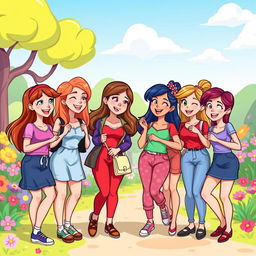 A vibrant cartoon illustration featuring eight young women, each with distinct hairstyles and colorful outfits, enjoying a fun day together in a stylized whimsical park