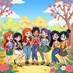 A vibrant cartoon illustration featuring eight young women, each with distinct hairstyles and colorful outfits, enjoying a fun day together in a stylized whimsical park