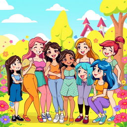 A vibrant cartoon illustration featuring eight young women, each with distinct hairstyles and colorful outfits, enjoying a fun day together in a stylized whimsical park