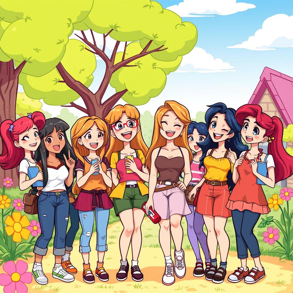 A vibrant cartoon illustration featuring eight young women, each with distinct hairstyles and colorful outfits, enjoying a fun day together in a stylized whimsical park