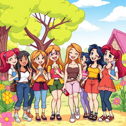 A vibrant cartoon illustration featuring eight young women, each with distinct hairstyles and colorful outfits, enjoying a fun day together in a stylized whimsical park