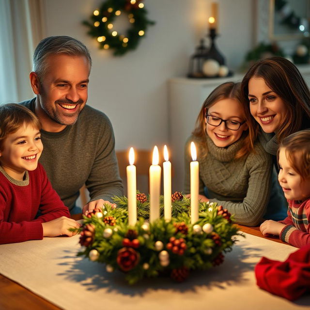 A realistic family gathering of four people around a table, featuring a beautifully arranged advent wreath with a lit candle on top