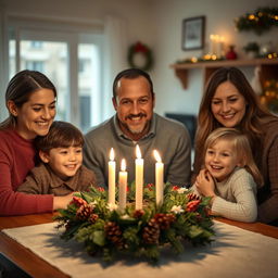 A realistic family gathering of four people around a table, featuring a beautifully arranged advent wreath with a lit candle on top