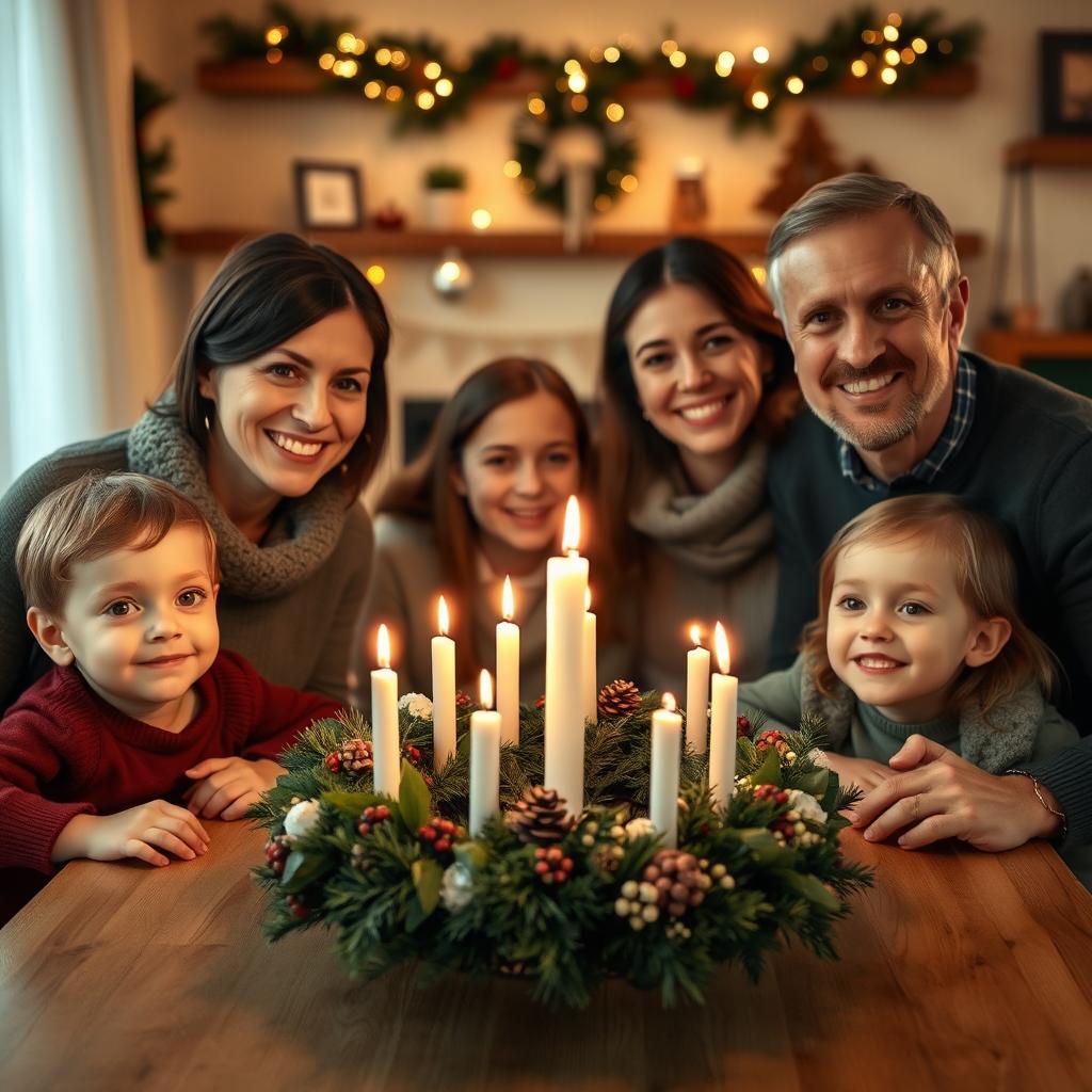 A realistic family gathering of four people around a table, featuring a beautifully arranged advent wreath with a lit candle on top