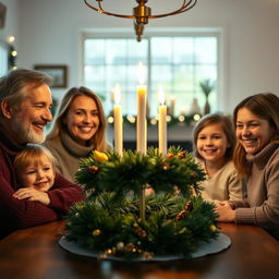 A realistic family gathering of four people around a table, featuring a beautifully arranged advent wreath with a lit candle on top