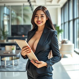 A beautiful Chinese businesswoman with large round breasts, exuding a playful and confident demeanor