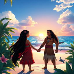 An adventurous scene featuring Shaarvi, a young girl with long, flowing black hair and vibrant traditional attire, alongside Moana, the Polynesian princess with a determined expression and wearing her iconic outfit