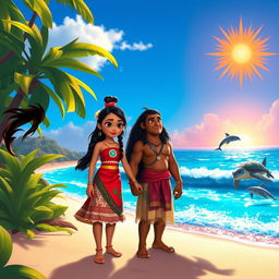 An adventurous scene featuring Shaarvi, a young girl with long, flowing black hair and vibrant traditional attire, alongside Moana, the Polynesian princess with a determined expression and wearing her iconic outfit