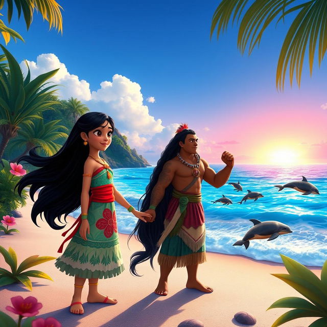 An adventurous scene featuring Shaarvi, a young girl with long, flowing black hair and vibrant traditional attire, alongside Moana, the Polynesian princess with a determined expression and wearing her iconic outfit