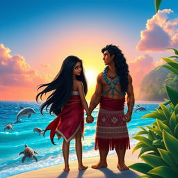 An adventurous scene featuring Shaarvi, a young girl with long, flowing black hair and vibrant traditional attire, alongside Moana, the Polynesian princess with a determined expression and wearing her iconic outfit