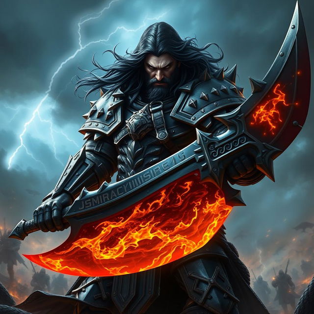 A fierce and imposing figure of Drakthar Ashenblade, an armored warrior with a dark and mystical aura