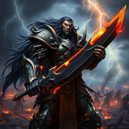 A fierce and imposing figure of Drakthar Ashenblade, an armored warrior with a dark and mystical aura