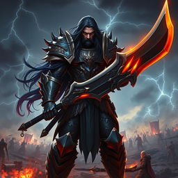 A fierce and imposing figure of Drakthar Ashenblade, an armored warrior with a dark and mystical aura