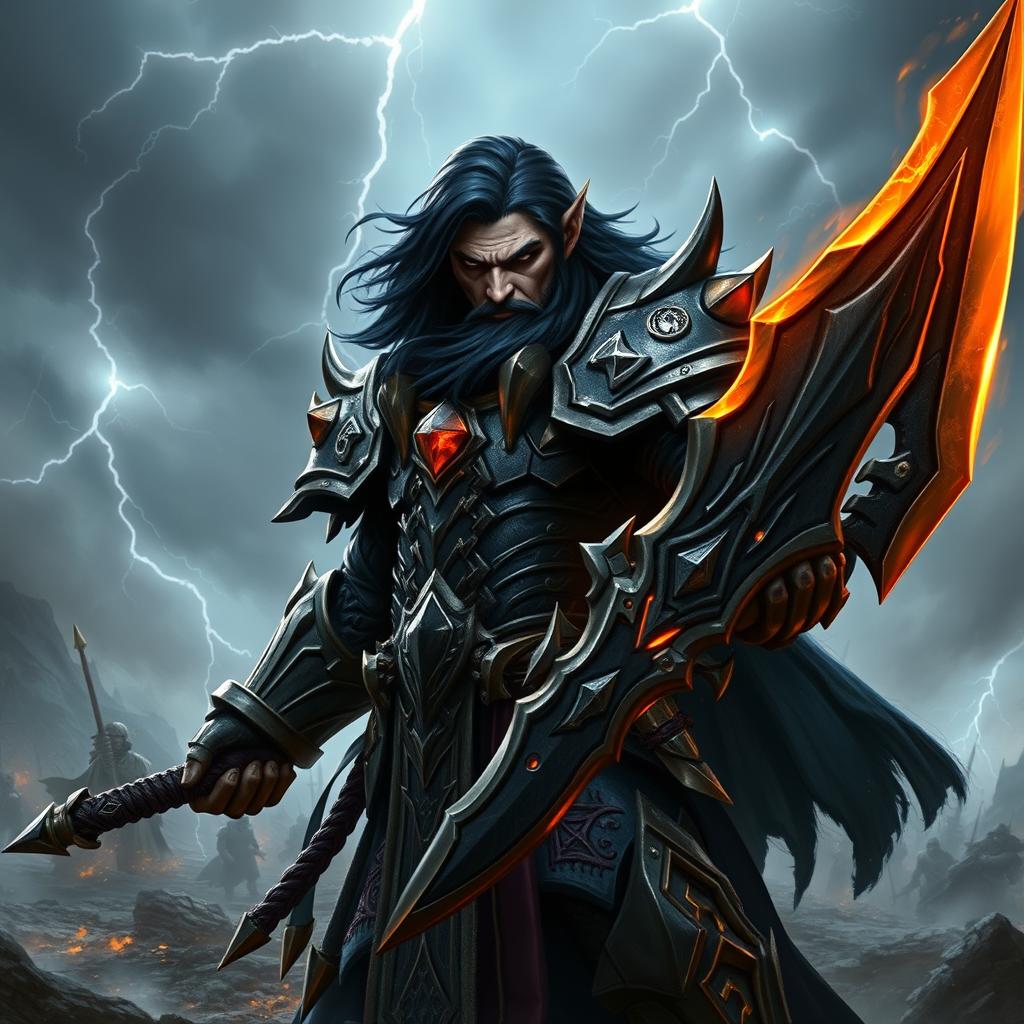 A fierce and imposing figure of Drakthar Ashenblade, an armored warrior with a dark and mystical aura