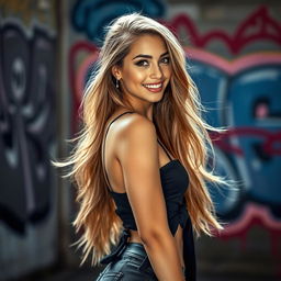 A stunning, attractive young woman with long flowing hair, wearing a stylish and alluring outfit that showcases her figure