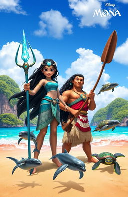 A vibrant and adventurous scene featuring Shaarvi, a fierce and confident girl with long black hair adorned with seashells, alongside Moana, a bold and spirited character from Disney