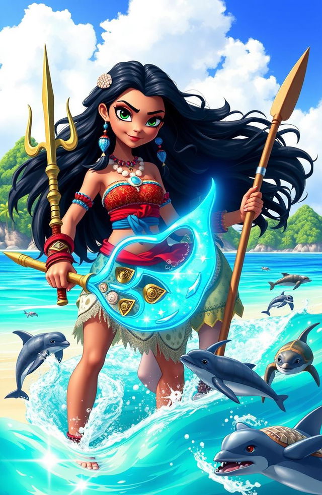 A vibrant and adventurous scene featuring Shaarvi, a fierce and confident girl with long black hair adorned with seashells, alongside Moana, a bold and spirited character from Disney