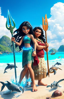 A vibrant and adventurous scene featuring Shaarvi, a fierce and confident girl with long black hair adorned with seashells, alongside Moana, a bold and spirited character from Disney