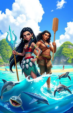 A vibrant and adventurous scene featuring Shaarvi, a fierce and confident girl with long black hair adorned with seashells, alongside Moana, a bold and spirited character from Disney