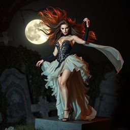 A mysterious and vengeful erotic dancer stands elegantly at the edge of a gravestone, illuminated by the moonlight