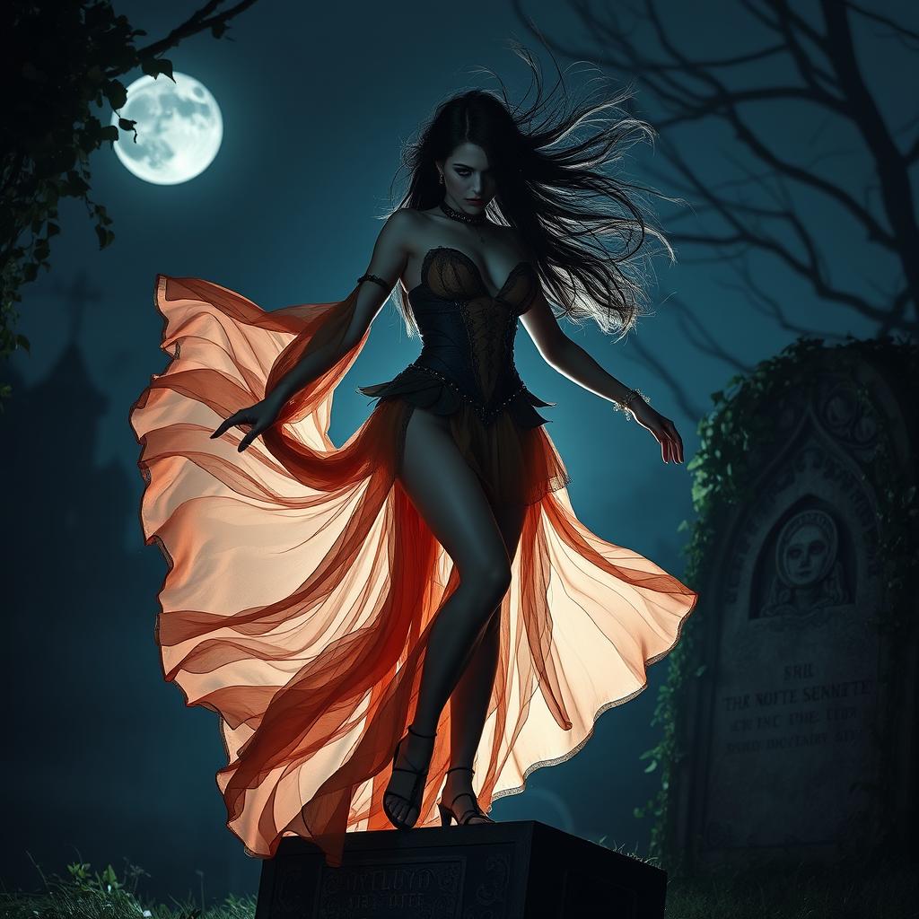 A mysterious and vengeful erotic dancer stands elegantly at the edge of a gravestone, illuminated by the moonlight