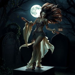 A mysterious and vengeful erotic dancer stands elegantly at the edge of a gravestone, illuminated by the moonlight