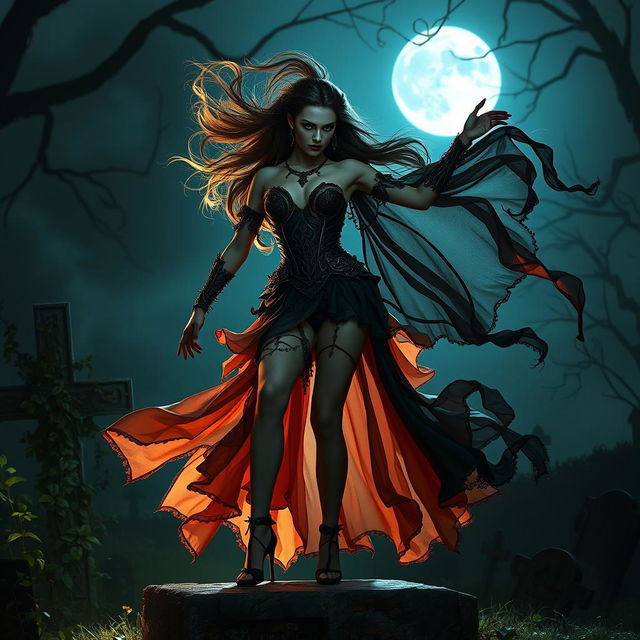 A mysterious and vengeful erotic dancer stands elegantly at the edge of a gravestone, illuminated by the moonlight