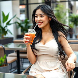 A beautiful, relaxed Chinese businesswoman with large round breasts, showcasing a playful and charming demeanor