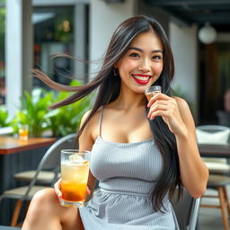 A beautiful, relaxed Chinese businesswoman with large round breasts, showcasing a playful and charming demeanor