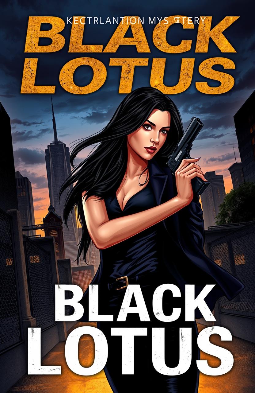 A striking book cover illustration featuring a female secret agent with long, dark hair, holding a sleek gun