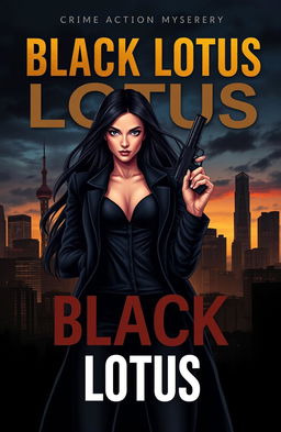 A striking book cover illustration featuring a female secret agent with long, dark hair, holding a sleek gun
