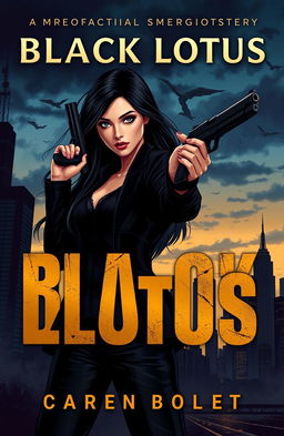 A striking book cover illustration featuring a female secret agent with long, dark hair, holding a sleek gun