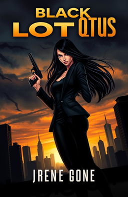 A striking book cover illustration featuring a female secret agent with long, dark hair, holding a sleek gun