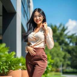 A beautiful, relaxed Chinese businesswoman with large round breasts, exuding a flirtatious charm