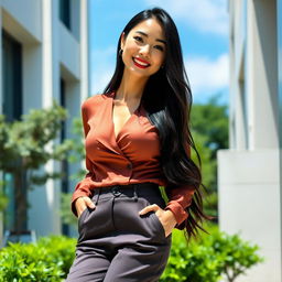 A beautiful, relaxed Chinese businesswoman with large round breasts, exuding a flirtatious charm