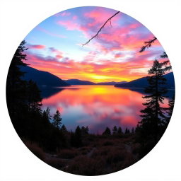 A stunning circular image of a tranquil landscape featuring a picturesque sunset over a serene lake