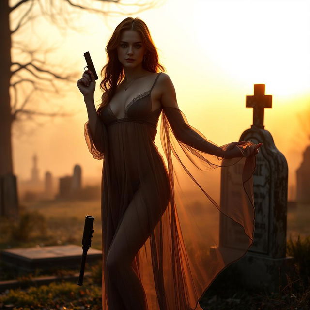 A serene dawn setting featuring an erotic dancer in an ethereal pose, standing gracefully beside an abandoned grave