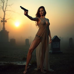 A serene dawn setting featuring an erotic dancer in an ethereal pose, standing gracefully beside an abandoned grave