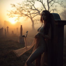 A serene dawn setting featuring an erotic dancer in an ethereal pose, standing gracefully beside an abandoned grave