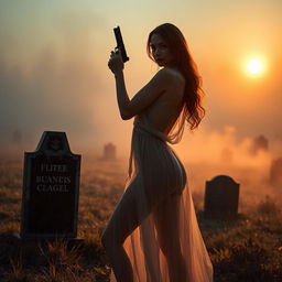 A serene dawn setting featuring an erotic dancer in an ethereal pose, standing gracefully beside an abandoned grave