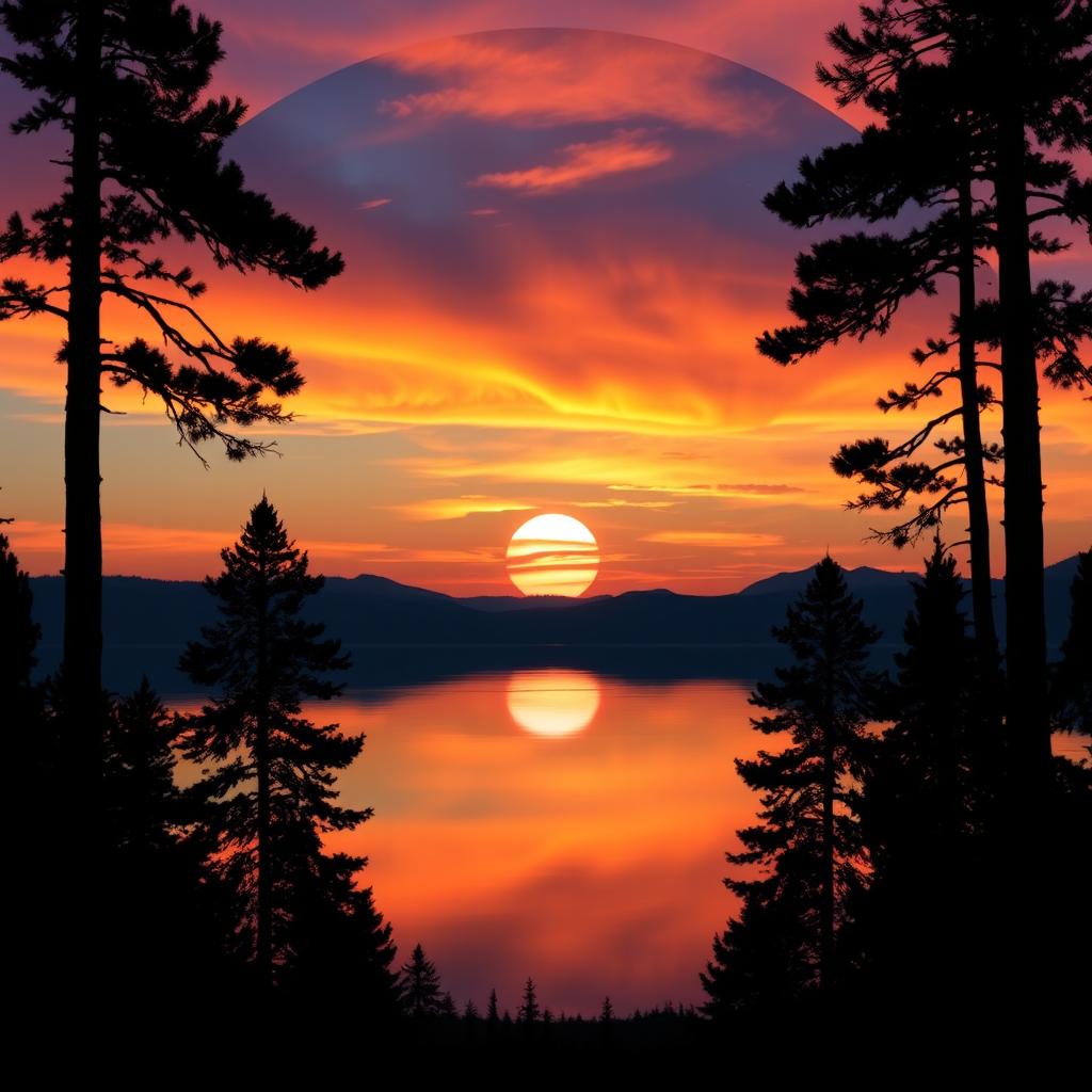 A stunning circular image of a tranquil landscape featuring a picturesque sunset over a serene lake